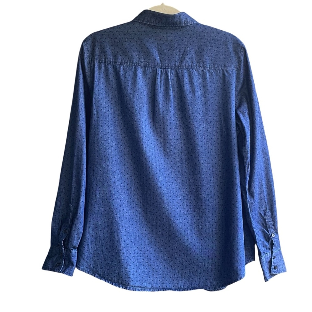 LIZ CLAIBORNE Navy Blue Cotton Blouse Shirt SZ L Casual Comfy Chambray Polka Dot - Picture 4 of 16